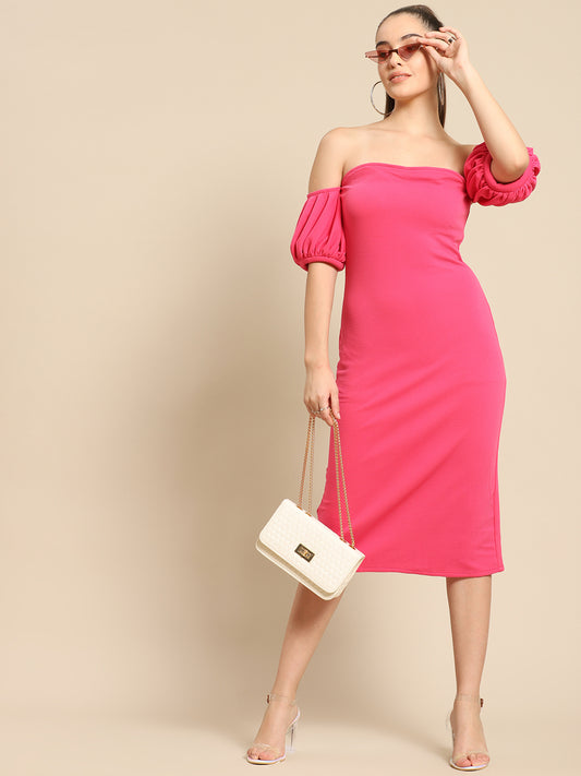 Trendy Pink Off-Shoulder Midi Dress for Women – Puff Sleeve Bodycon for Parties & Date Nights