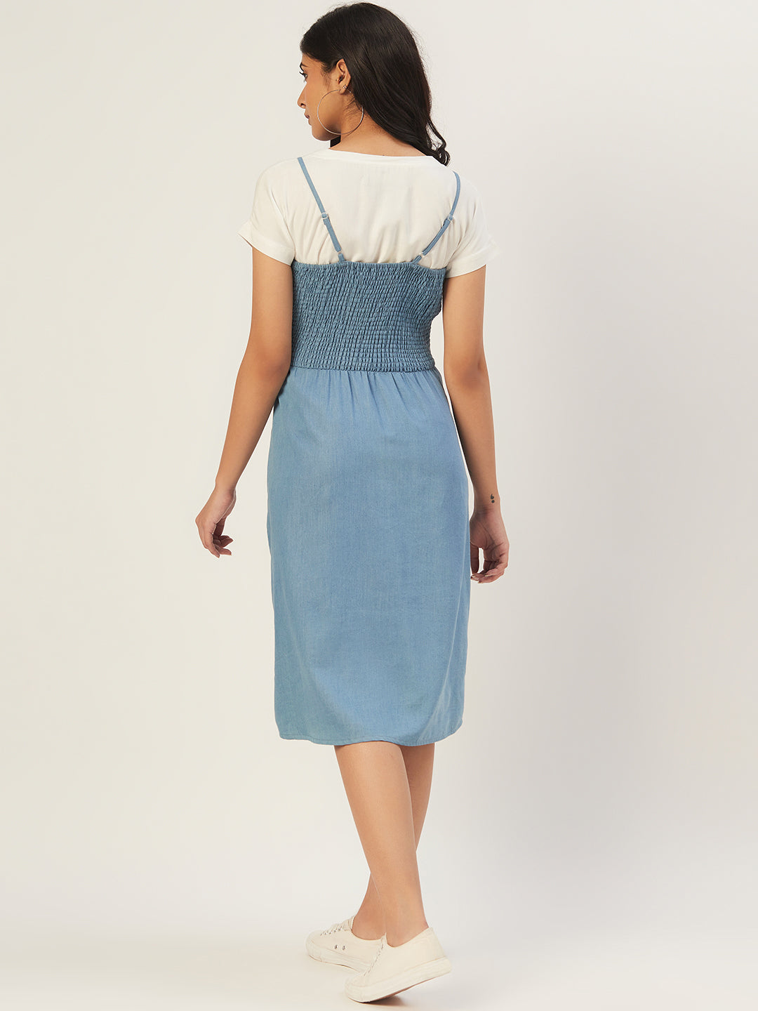 Blue Denim Pinafore Dress with White T-Shirt for Women – Casual Layered Midi Dress
