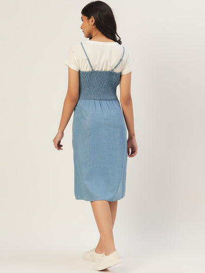 Blue Denim Pinafore Dress with White T-Shirt for Women – Casual Layered Midi Dress