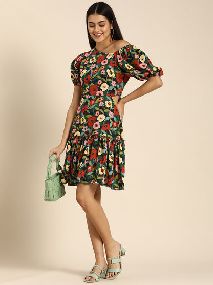 Multicolor One Shoulder Floral Print Mini Dress with Puff Sleeves