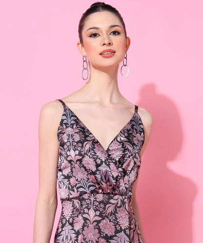 Black Floral Print Spaghetti Strap Slit Maxi Dress for Women