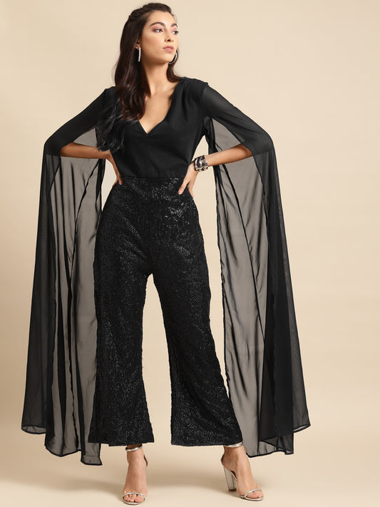 Black Sequin Cape Sleeve Jumpsuit for Women – Stylish Evening & Party Wear