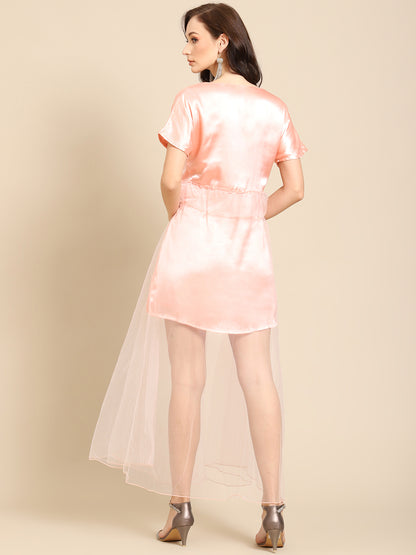 Women’s Peach Satin Short Dress with Sheer Net Overlay