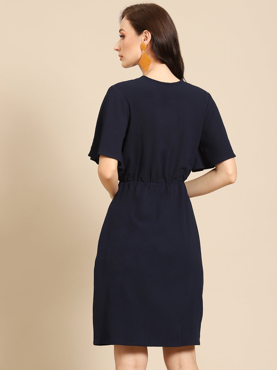 Elegant Black Knee-Length Dress for Women | V-Neck Tie-Waist Casual Dress