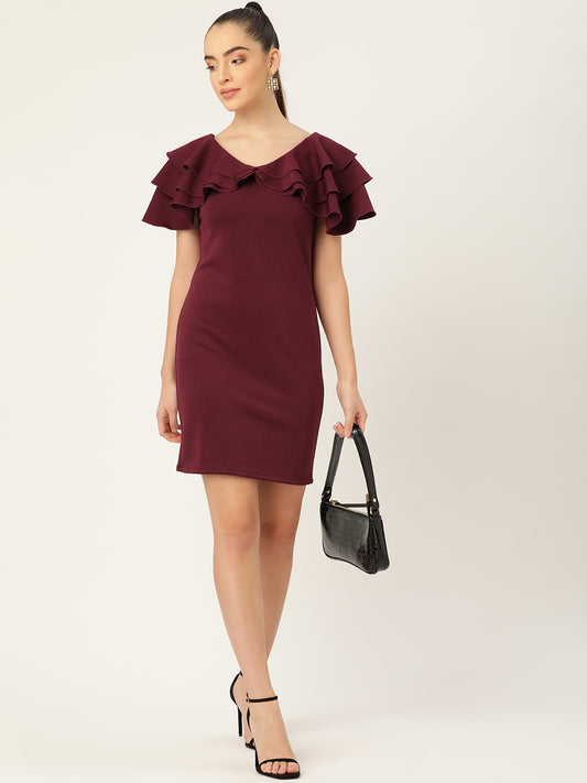 Maroon Ruffle Sleeve Bodycon Mini Dress for Women