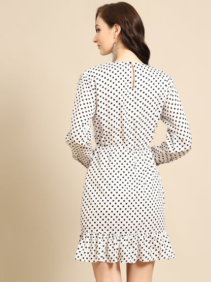 Elegant White Polka Dot Mini Dress for Women – Long Sleeve Ruffle Hem Casual Dress