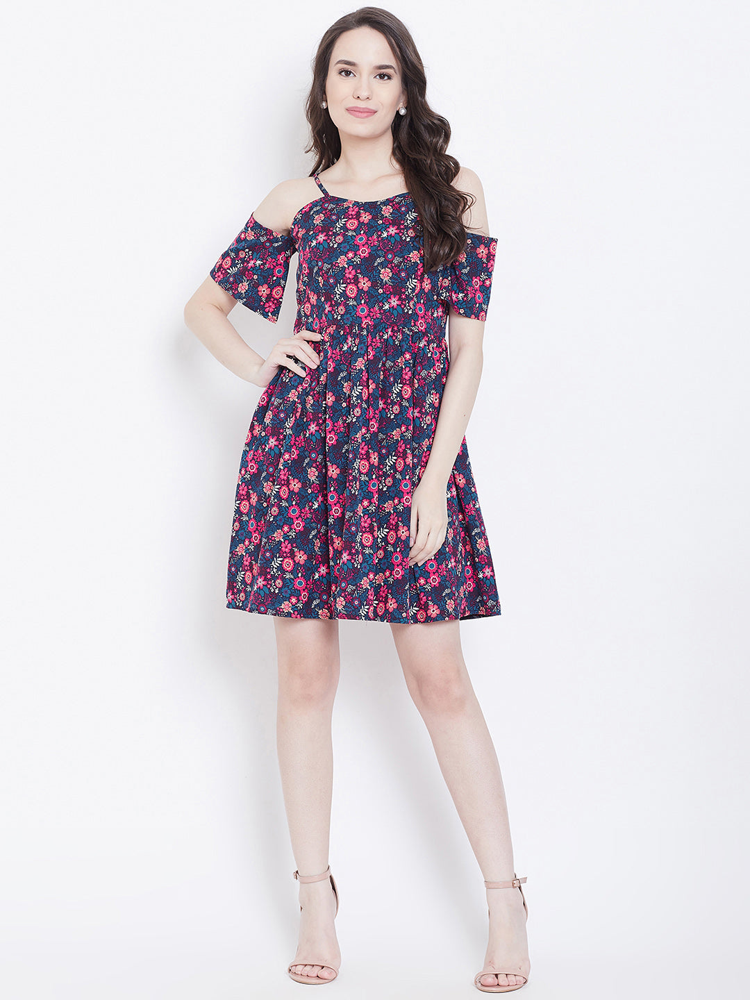 Cold Shoulder Navy Blue Floral Dress with Spaghetti Straps