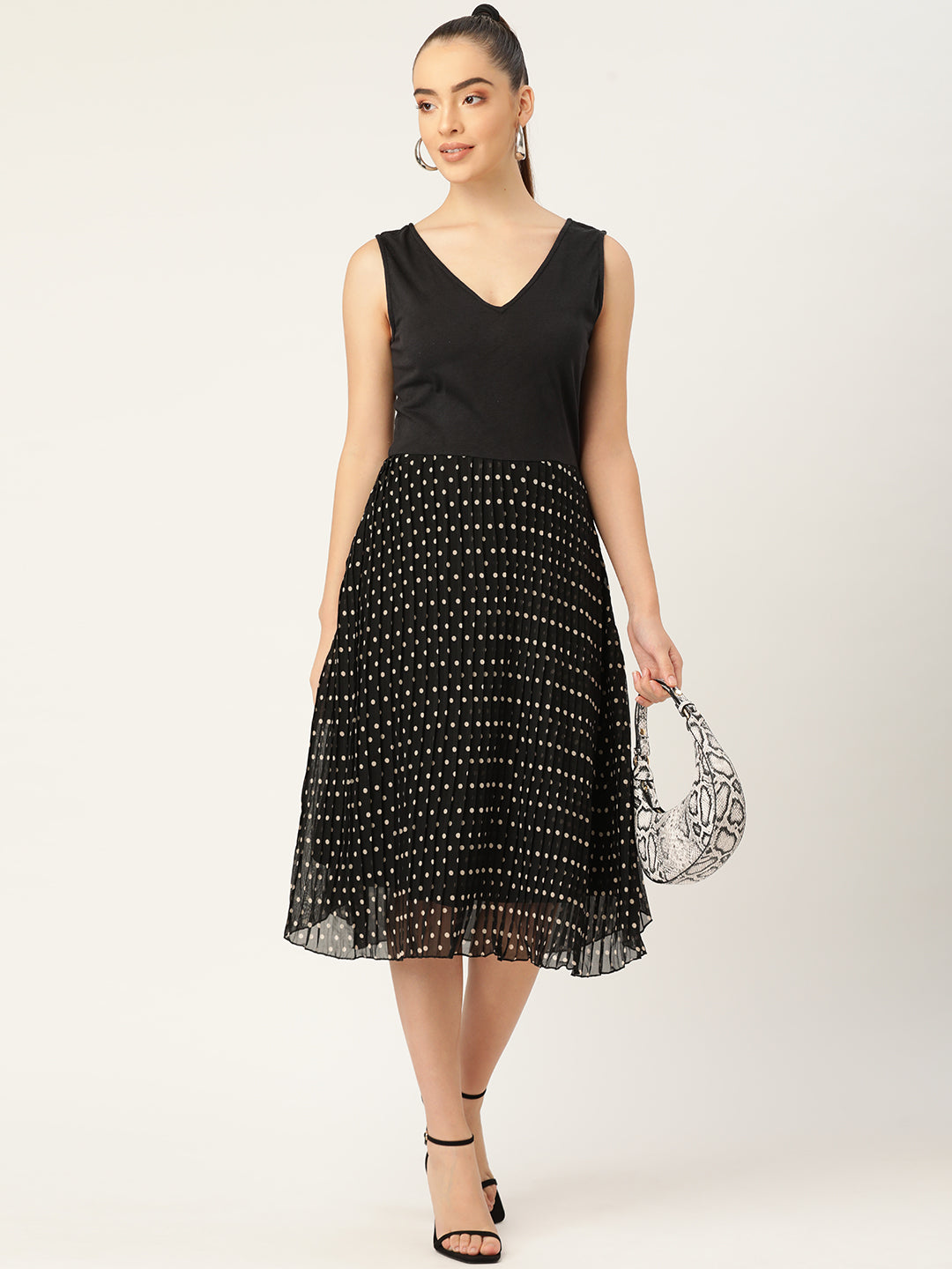 Sleeveless Black Polka Dot Pleated Midi Dress for Women