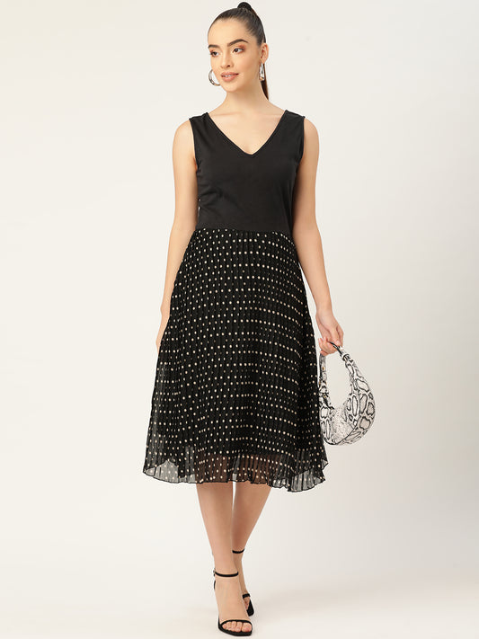 Sleeveless Black Polka Dot Pleated Midi Dress for Women