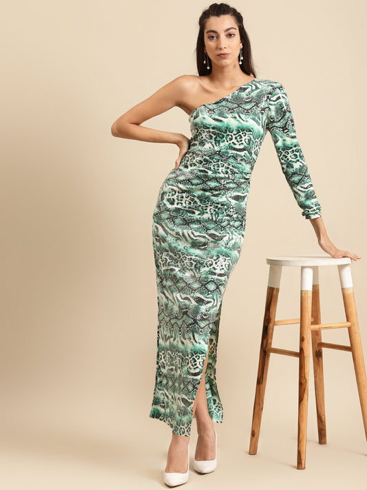Women Green Animal Print One Shoulder Bodycon Maxi Dress