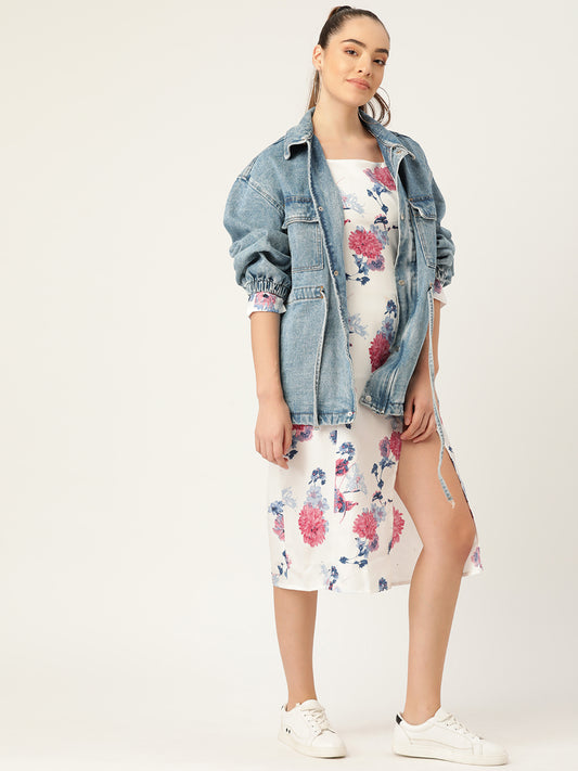 Elegant White Floral Midi Dress for Women with Front Slit – Long Sleeve Casual Chic Outfit