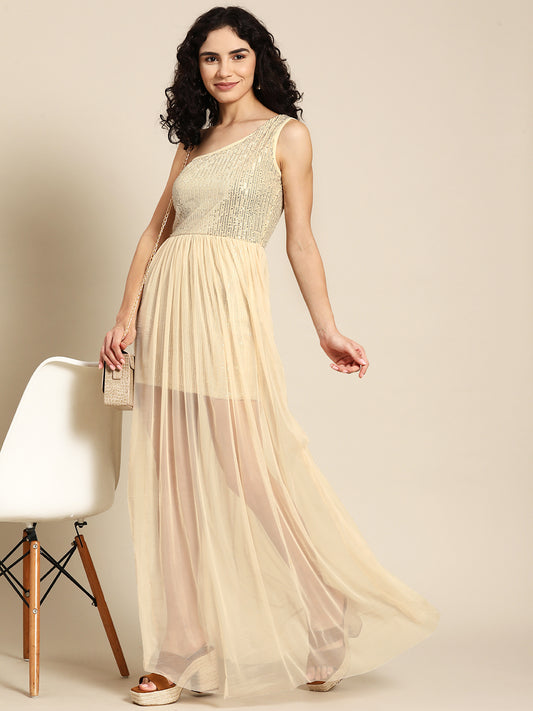 Beige One-Shoulder Sequin Mesh Overlay Party Dress