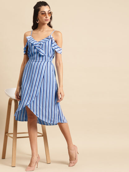 Women Cold Shoulder Blue Striped Wrap Midi Dress