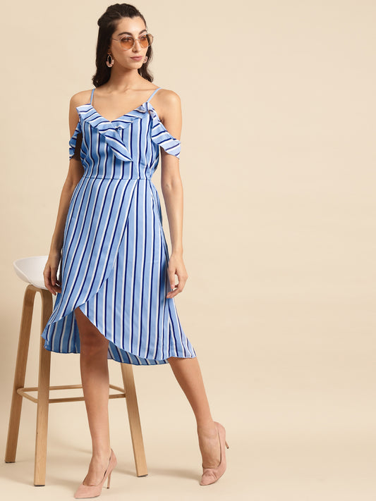 Women Cold Shoulder Blue Striped Wrap Midi Dress