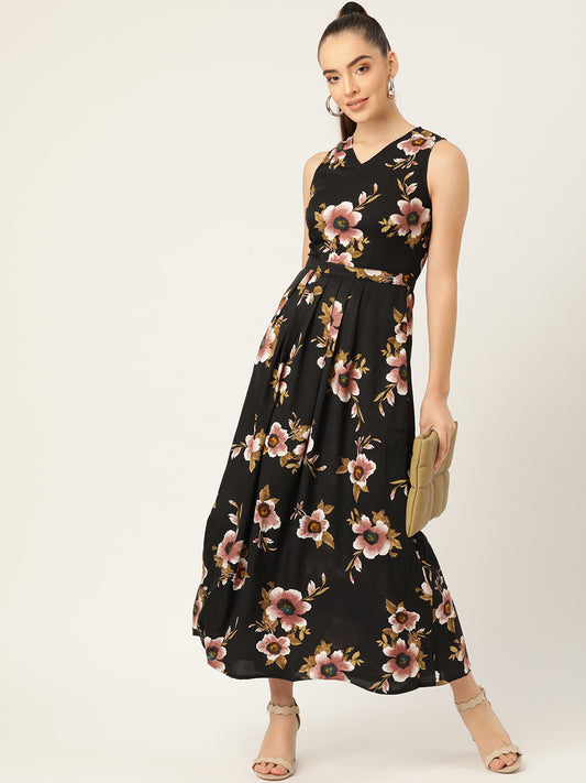 Women Black Floral Sleeveless Maxi Dress with V-Neck
