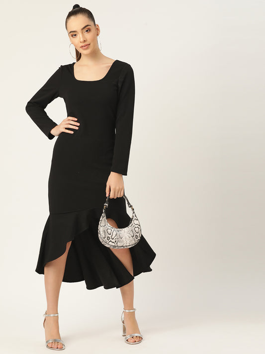 Women Black High-Low Ruffle Hem Long Sleeve Bodycon Dress