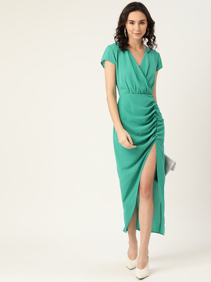 Elegant Green Ruched Wrap Midi Dress for Women – V-Neck Slit Dress for Casual & Party Wear