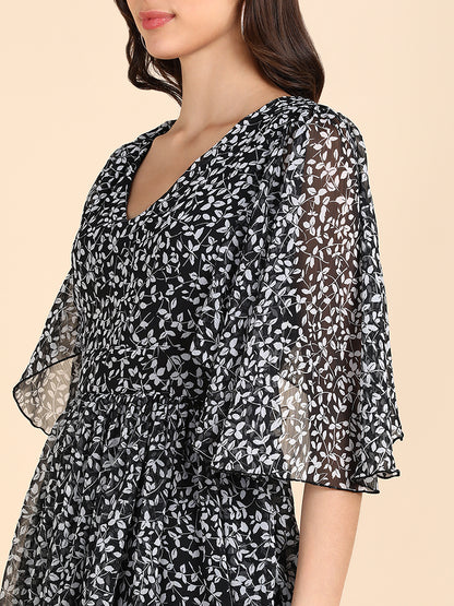 Black Floral A-Line Midi Dress for Women with Sheer Sleeves – Elegant Casual Wear