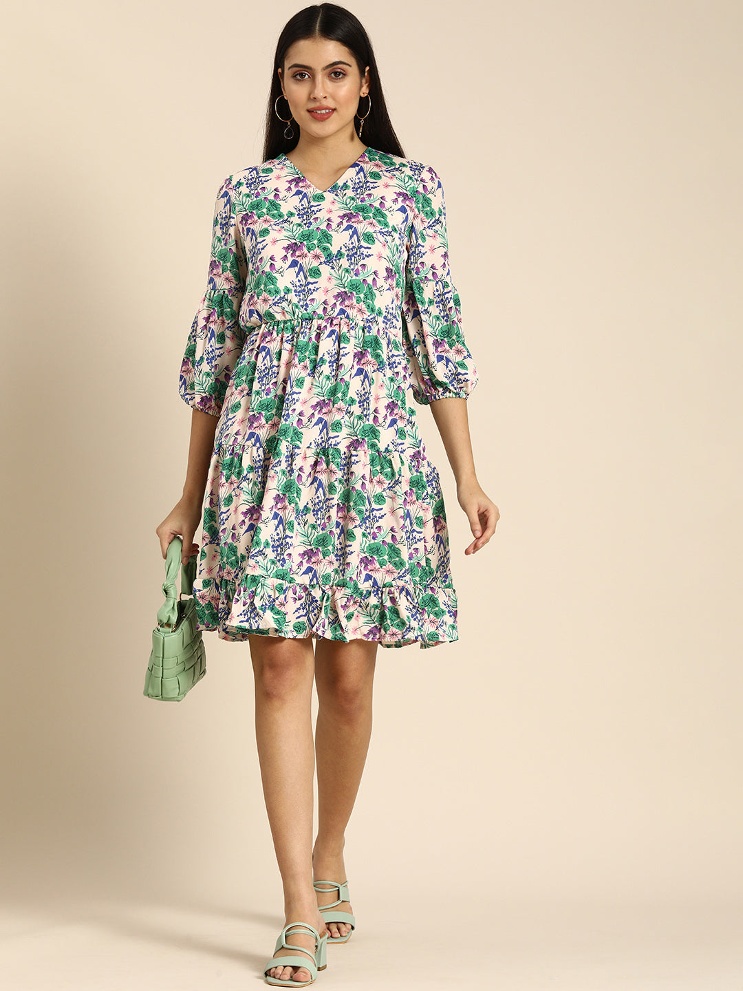 Multicolor Floral Printed Mini Dress with Puff Sleeves – Casual & Summer Wear