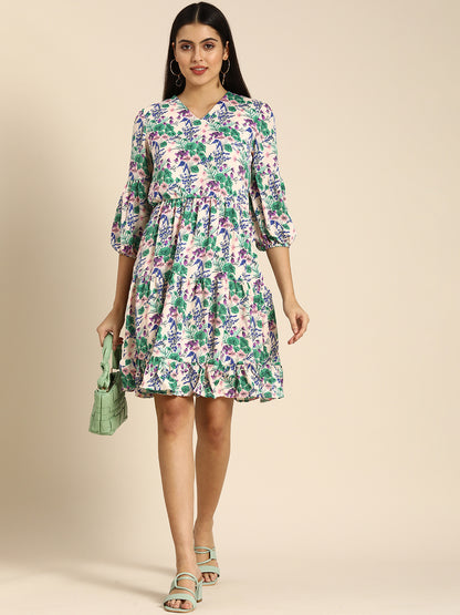 Multicolor Floral Printed Mini Dress with Puff Sleeves – Casual & Summer Wear