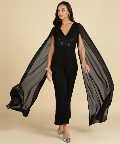 Black Sequin Glam Jumpsuit with Cape Sleeves – Party Night Ready