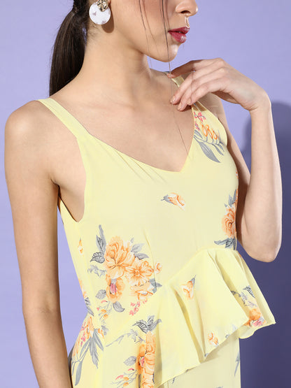 Pastel Yellow Floral Ruffle Midi Dress Elegant Summer Vibes