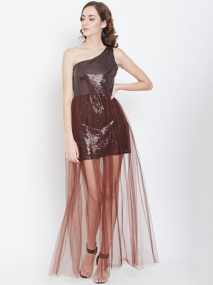 One Shoulder Sequin Brown Dress with Sheer Net Overlay