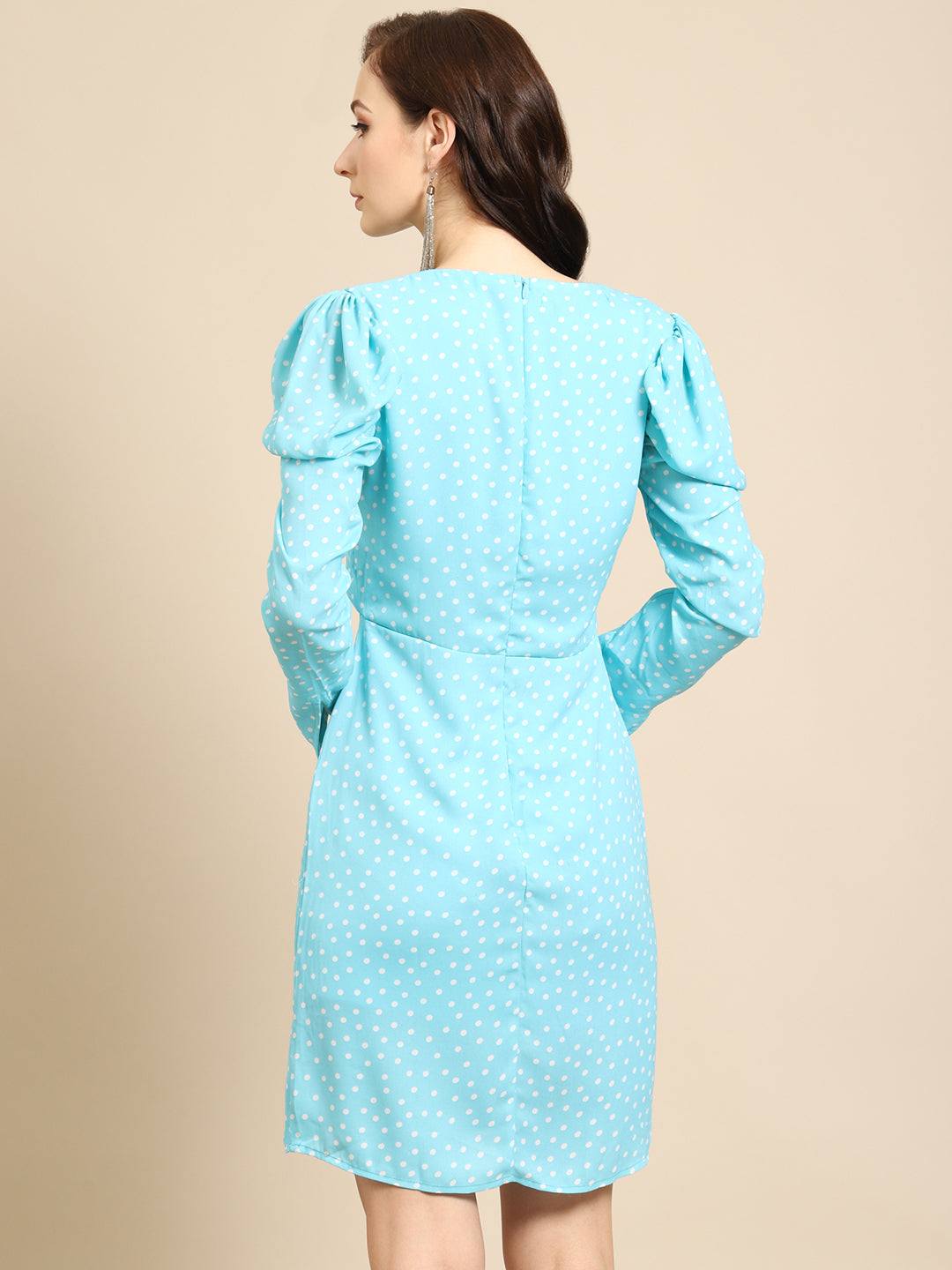 Sky Blue Polka Dot Bodycon Dress for Women | V-Neck Long Sleeve Ruched Dress