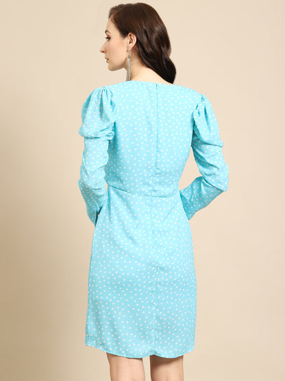 Sky Blue Polka Dot Bodycon Dress for Women | V-Neck Long Sleeve Ruched Dress