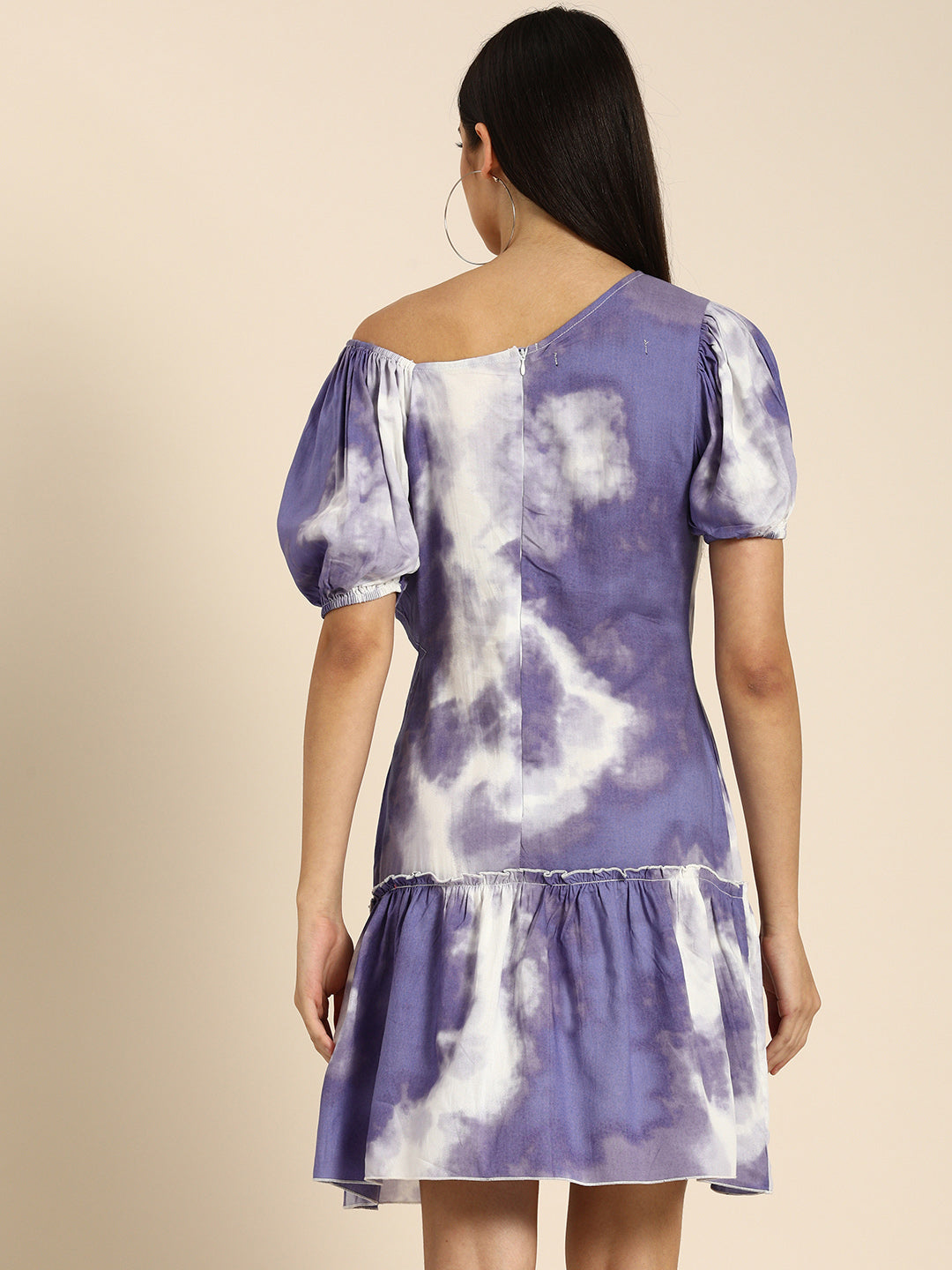 Purple Tie-Dye Off-Shoulder Short Dress with Puff Sleeves
