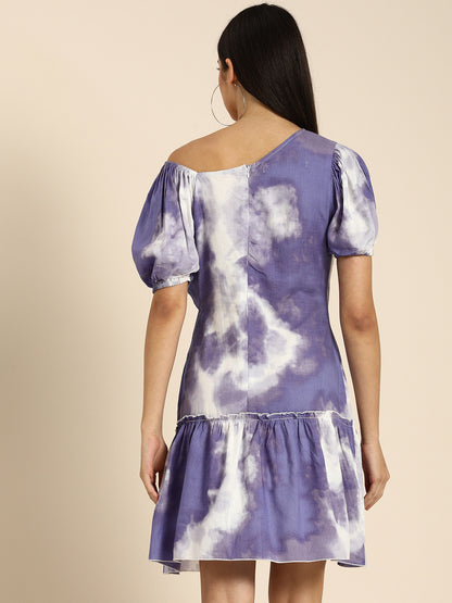 Purple Tie-Dye Off-Shoulder Short Dress with Puff Sleeves