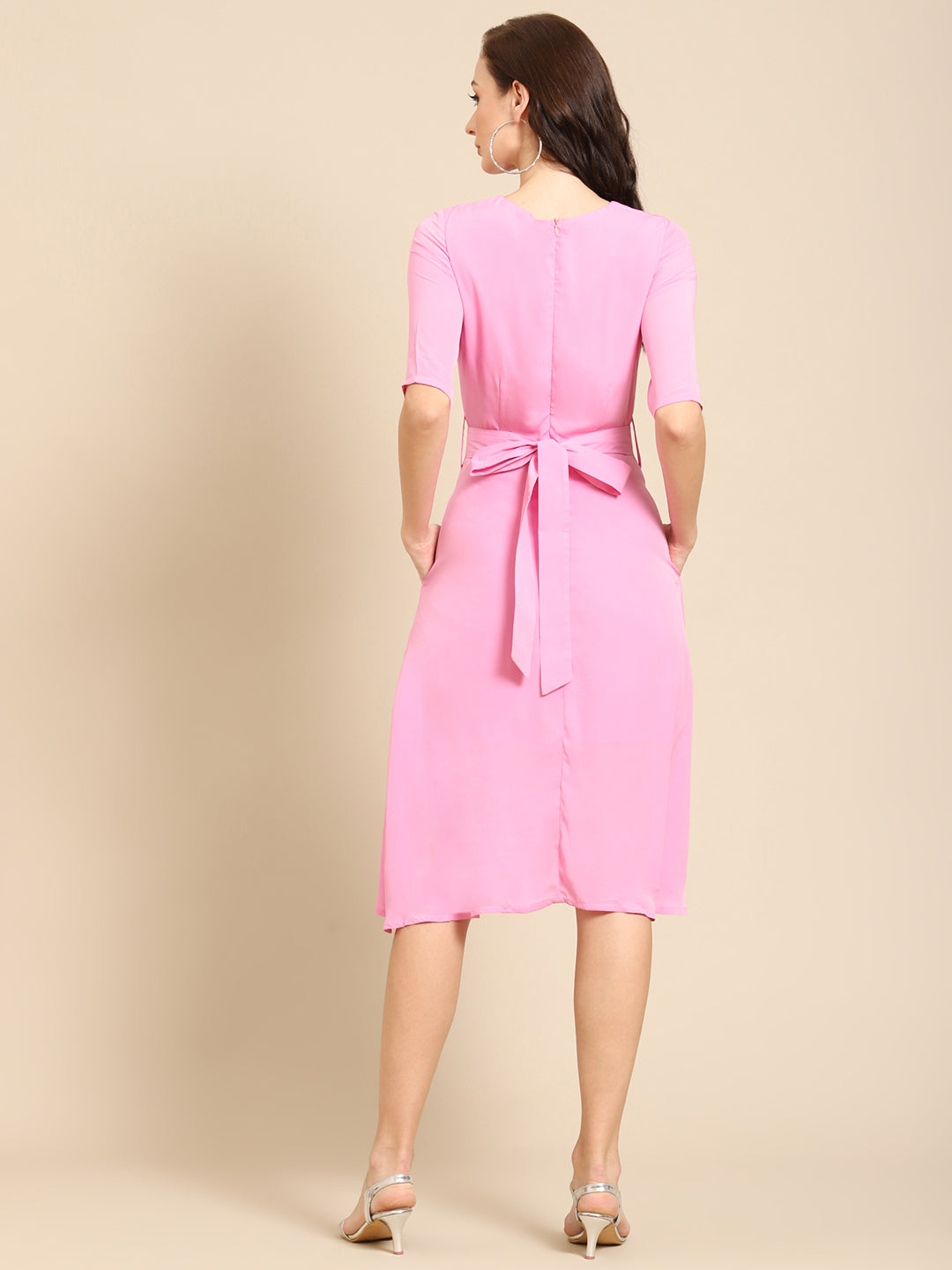 Elegant Pink Fit and Flare Midi Dress with Half Sleeves for Women