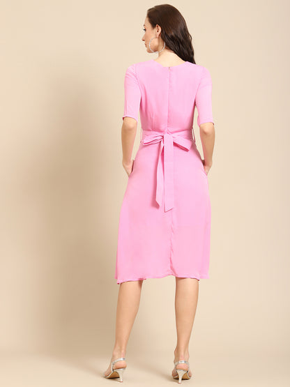 Elegant Pink Fit and Flare Midi Dress with Half Sleeves for Women