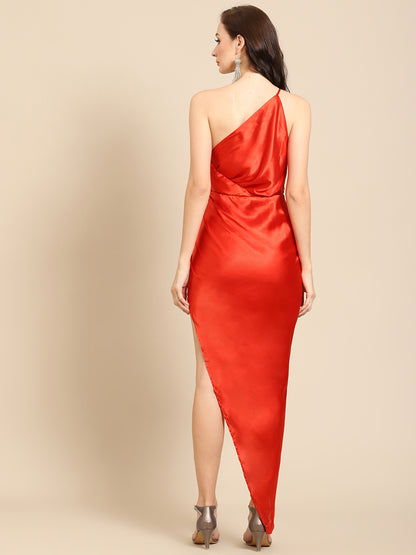 Chic Red One Shoulder Draped Asymmetrical Mini Dress for Women