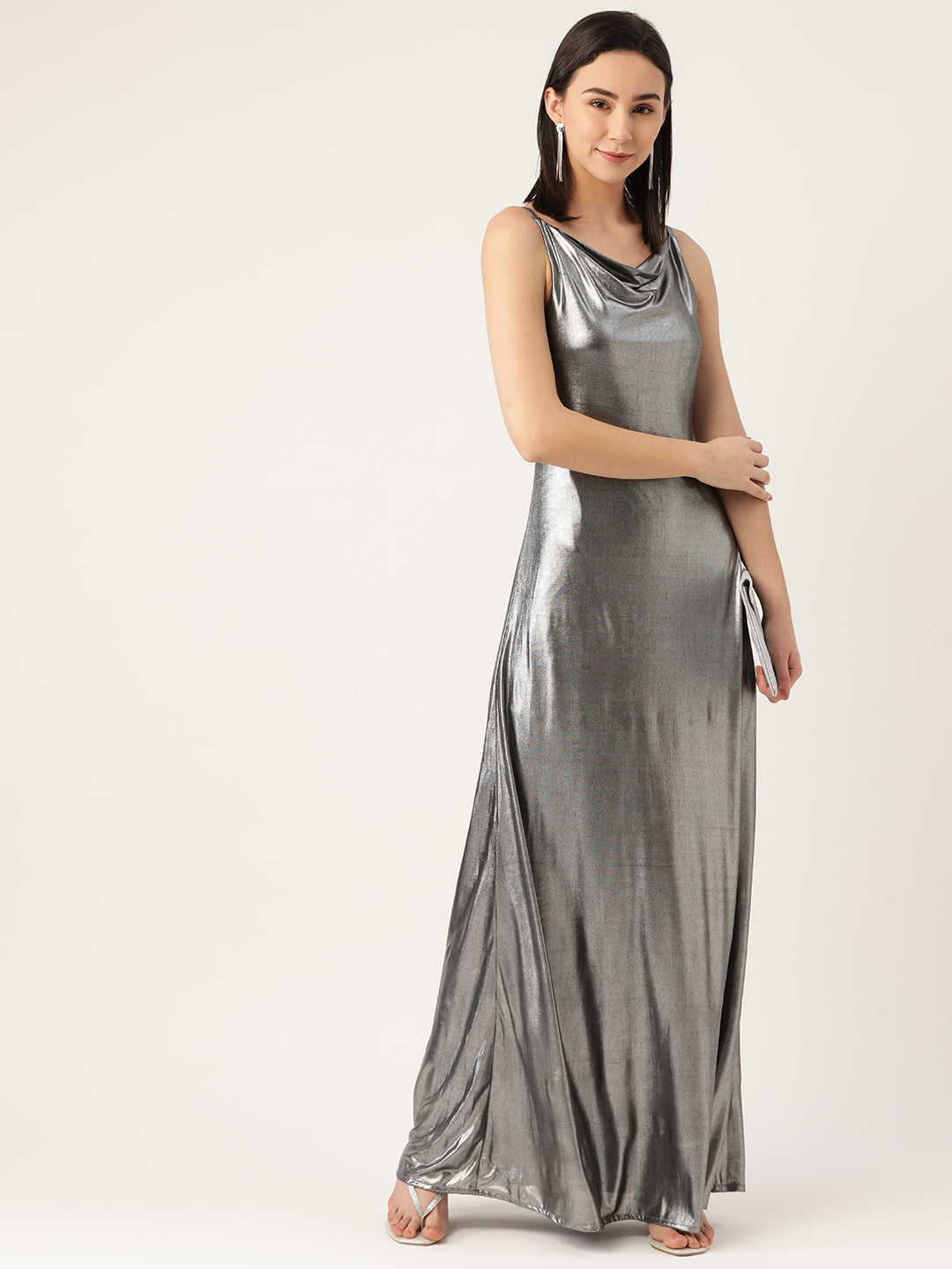 Silver Metallic Sleeveless Maxi Dress for Women
