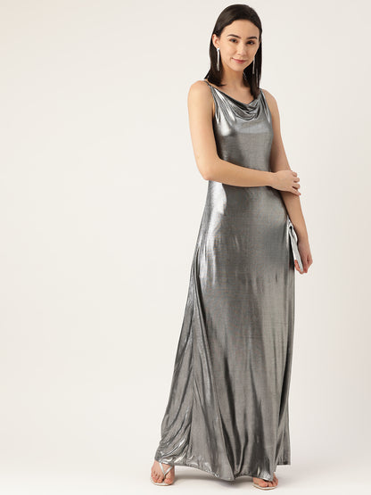Silver Metallic Sleeveless Maxi Dress for Women