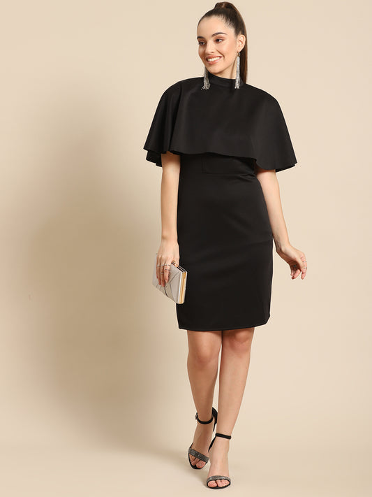 Elegant Black Bodycon Dress for Women – High Neck with Cape Sleeve
