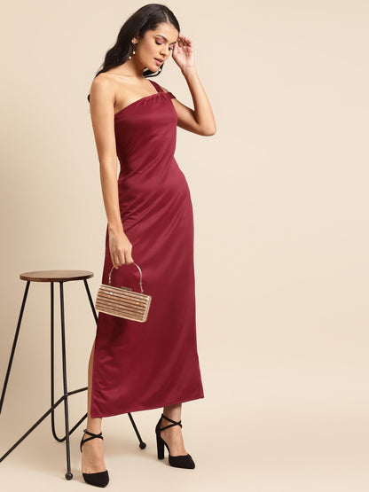 Maroon One-Shoulder Satin Maxi Dress for Women | Elegant Party Gown