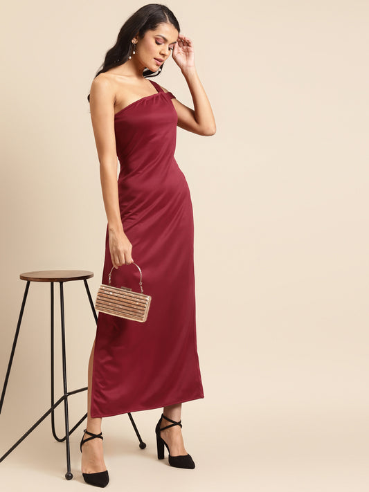 Maroon One-Shoulder Satin Maxi Dress for Women | Elegant Party Gown