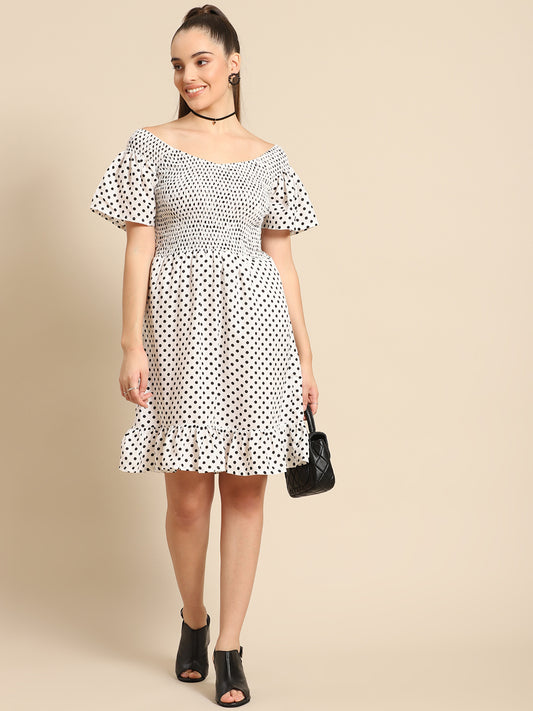 White Polka Dot Smocked Mini Dress for Women | Off Shoulder Ruffle Hem