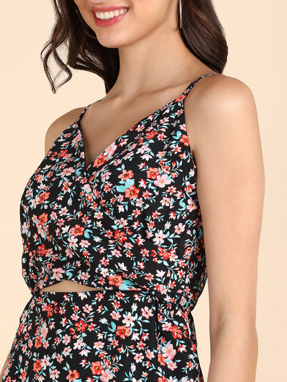 Black Floral Sleeveless Mini Dress for Women – Spaghetti Strap Summer Dress