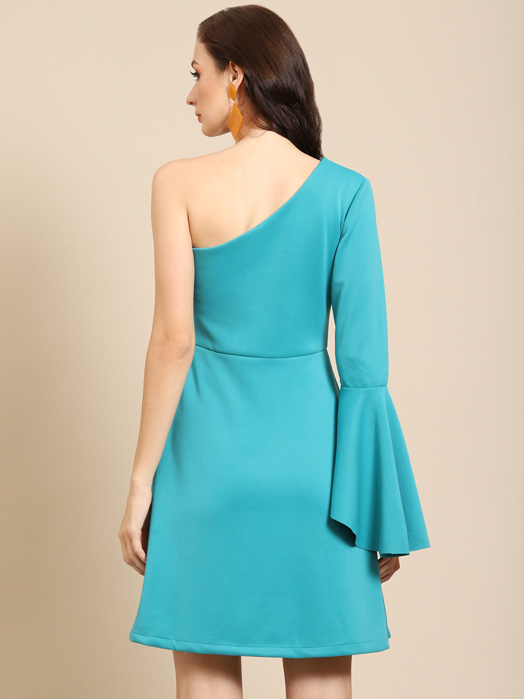 Trendy Teal One Shoulder Flared Sleeve Short Dress for Women