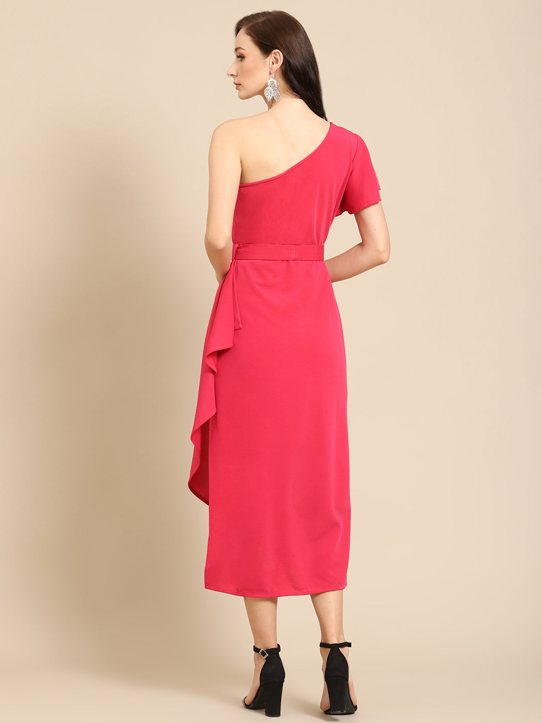 Elegant One-Shoulder Pink Midi Dress with Waist Tie – Perfect for Parties & Events