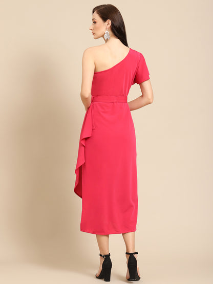 Elegant One-Shoulder Pink Midi Dress with Waist Tie – Perfect for Parties & Events