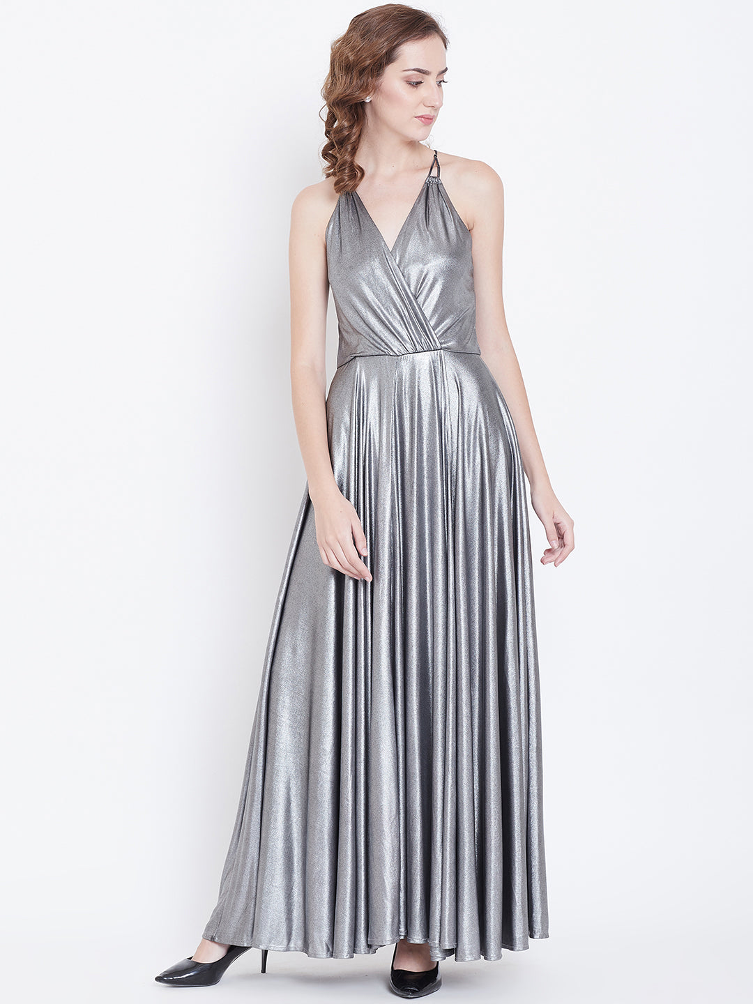 Silver Metallic Halter Neck Maxi Gown with Flared Dress