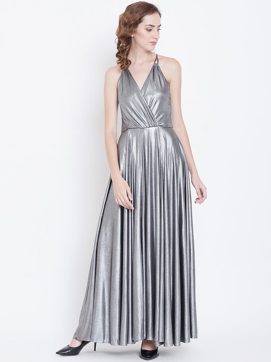 Silver Metallic Halter Neck Maxi Gown with Flared Dress