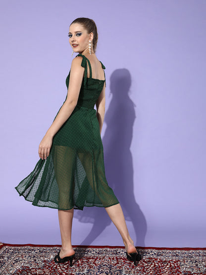 Green Smocked Midi Dress with Tie-Up Straps & Sheer Polka Dot Overlay