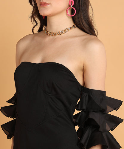 Black Off Shoulder Ruffle Sleeve Bodycon Midi Dress for Women Party Wear