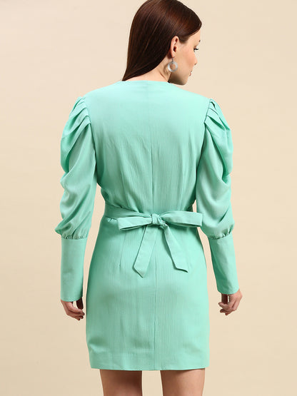 Mint Green Puff Sleeve Wrap Dress for Women - V-Neck, Short Casual Dress