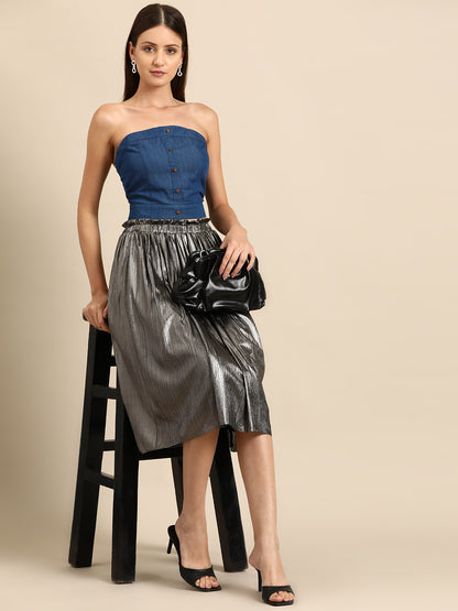 Women’s Strapless Denim Crop Top | Front Button Tube Top